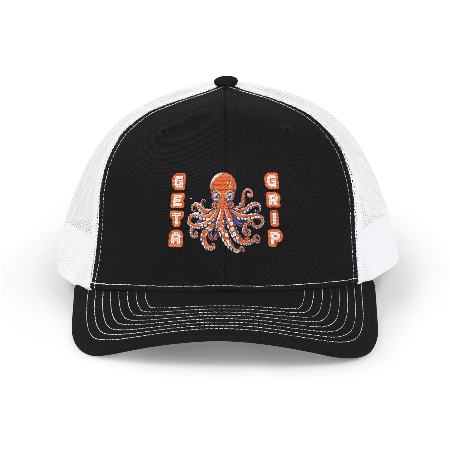 Get a Grip - Octopus Embroidered Snapback Trucker Cap | Black White Main