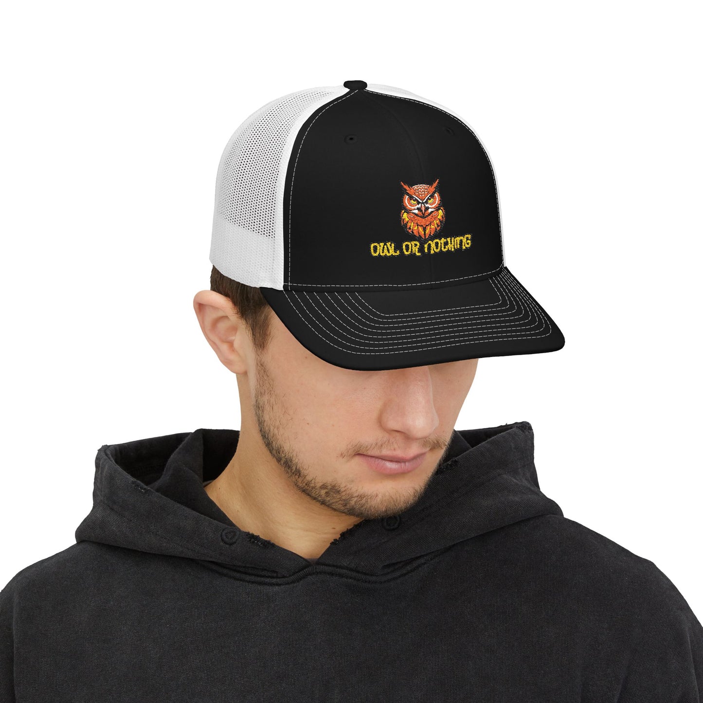 Owl or Nothing Snapback Trucker Cap | Black White Side