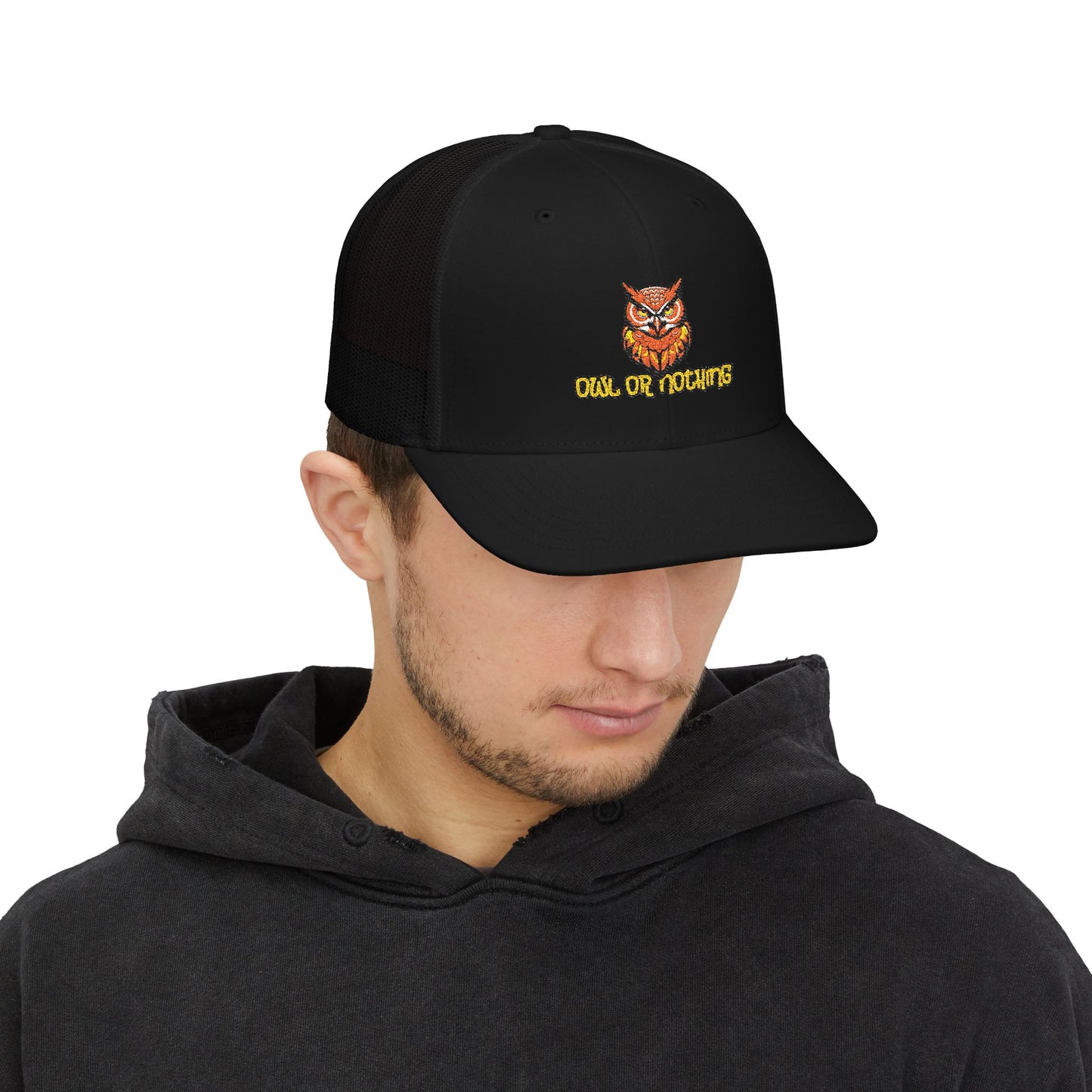Owl or Nothing Snapback Trucker Cap | Black Front Side