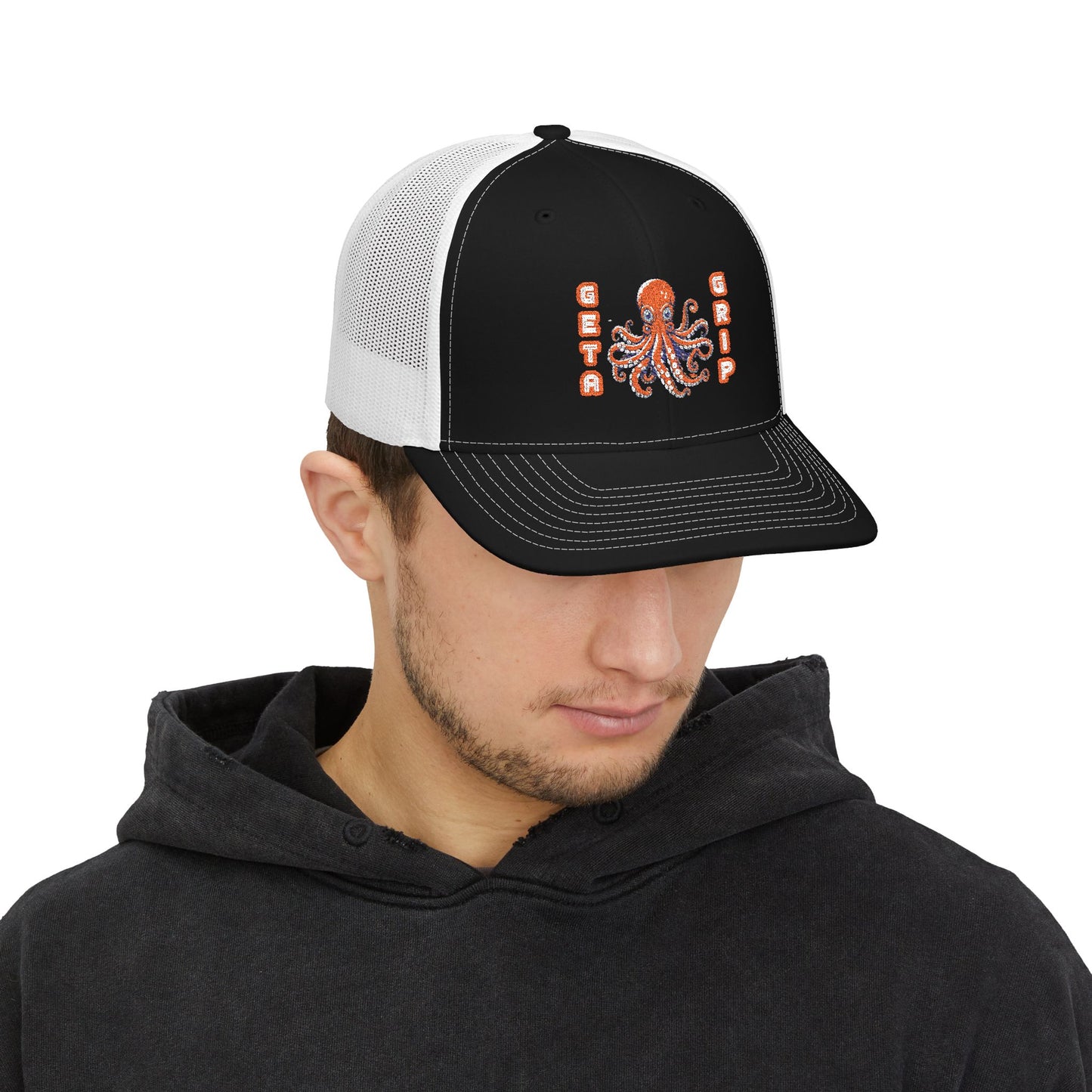 Get a Grip - Octopus Embroidered Snapback Trucker Cap | Black White Side