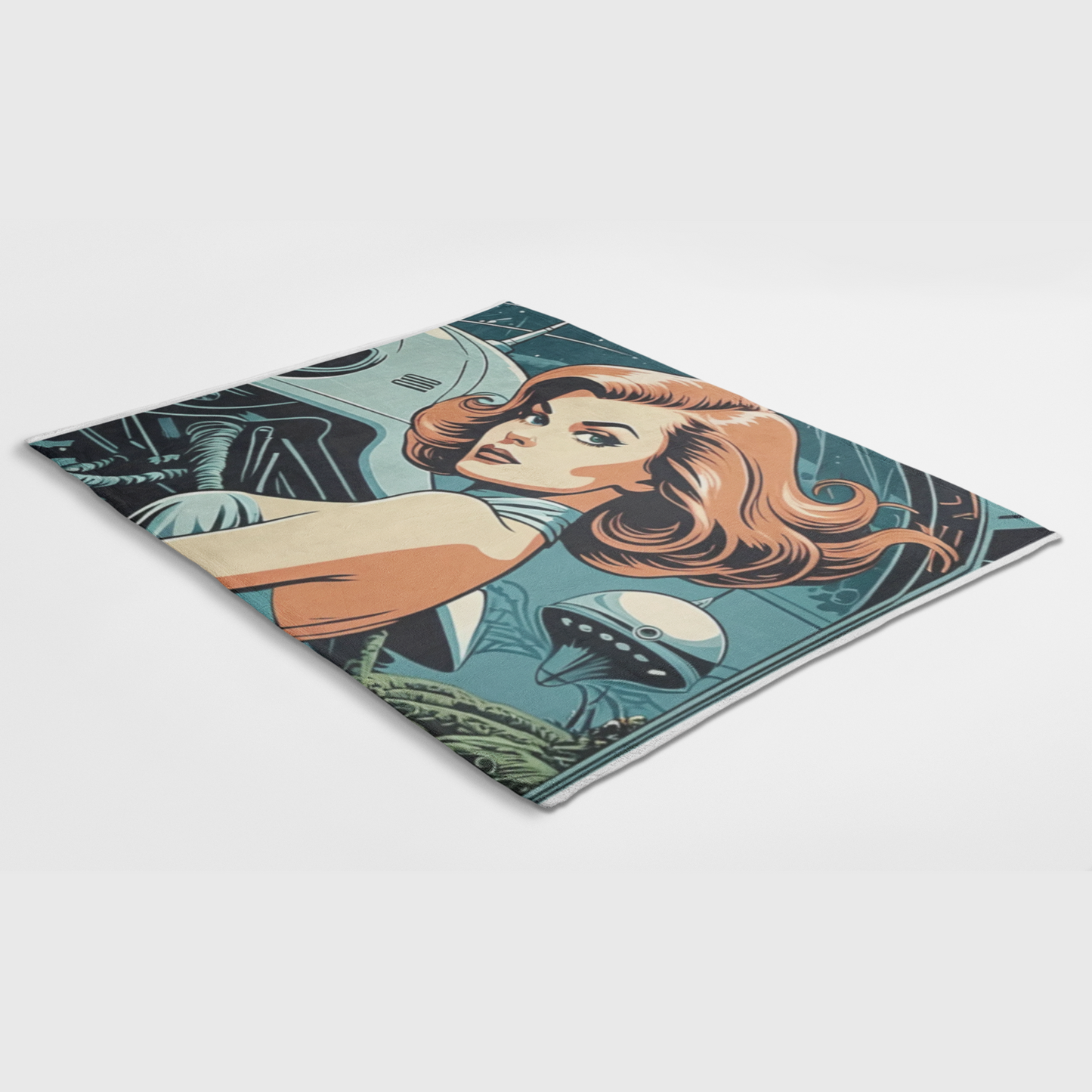 Retro Sci‑Fi Pinup Sherpa Blanket
