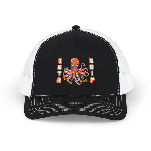 Get a Grip - Octopus Embroidered Snapback Trucker Cap | Black White Main