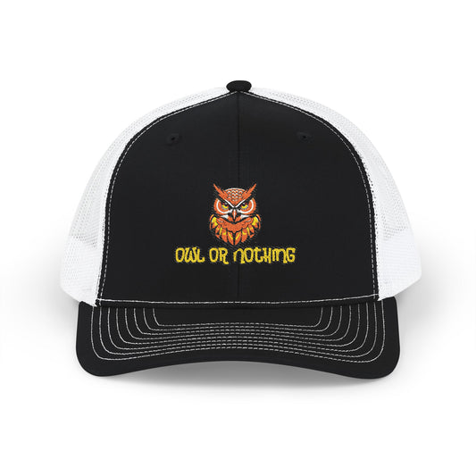 Owl or Nothing Snapback Trucker Cap | Black White Front