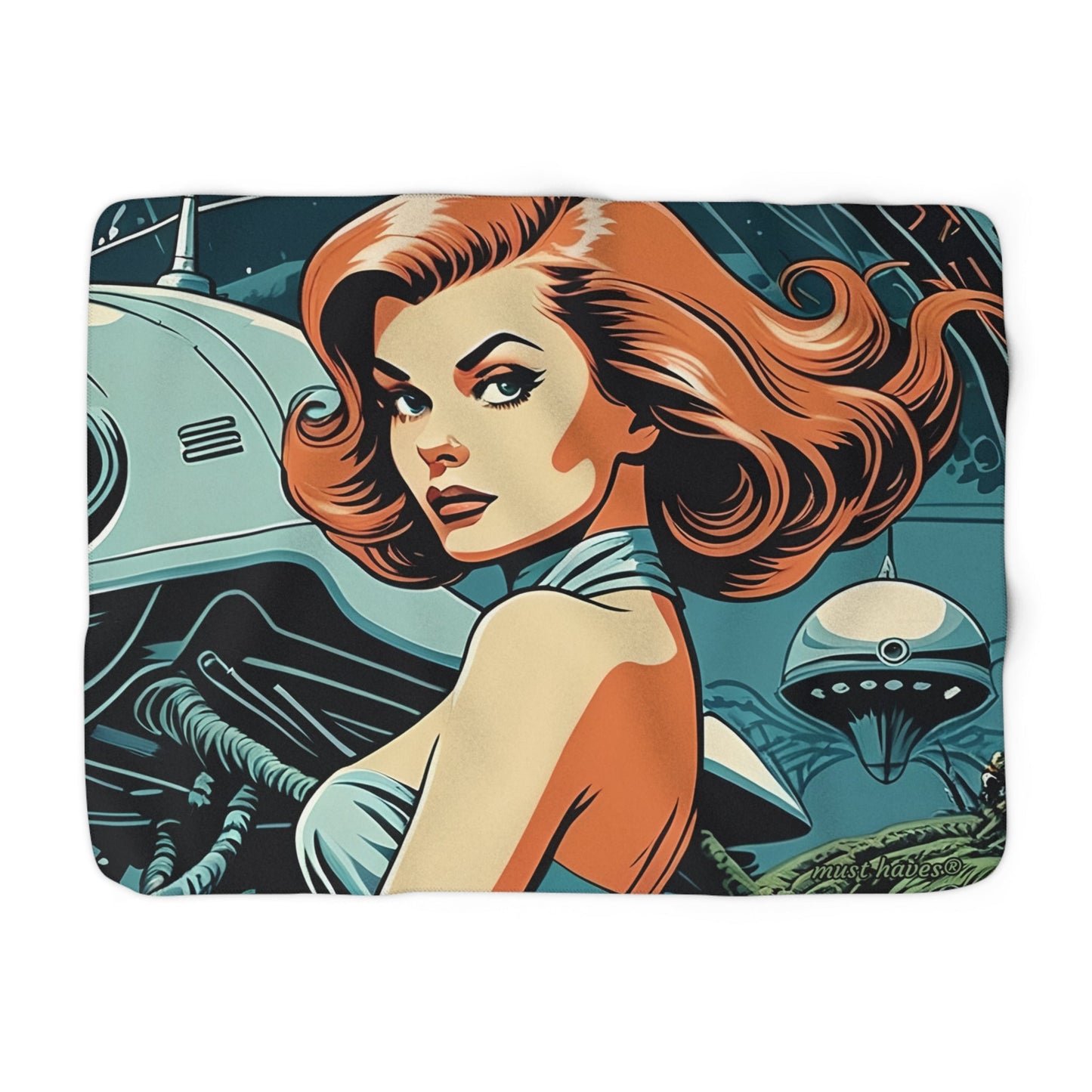 Retro Sci‑Fi Pinup Sherpa Blanket