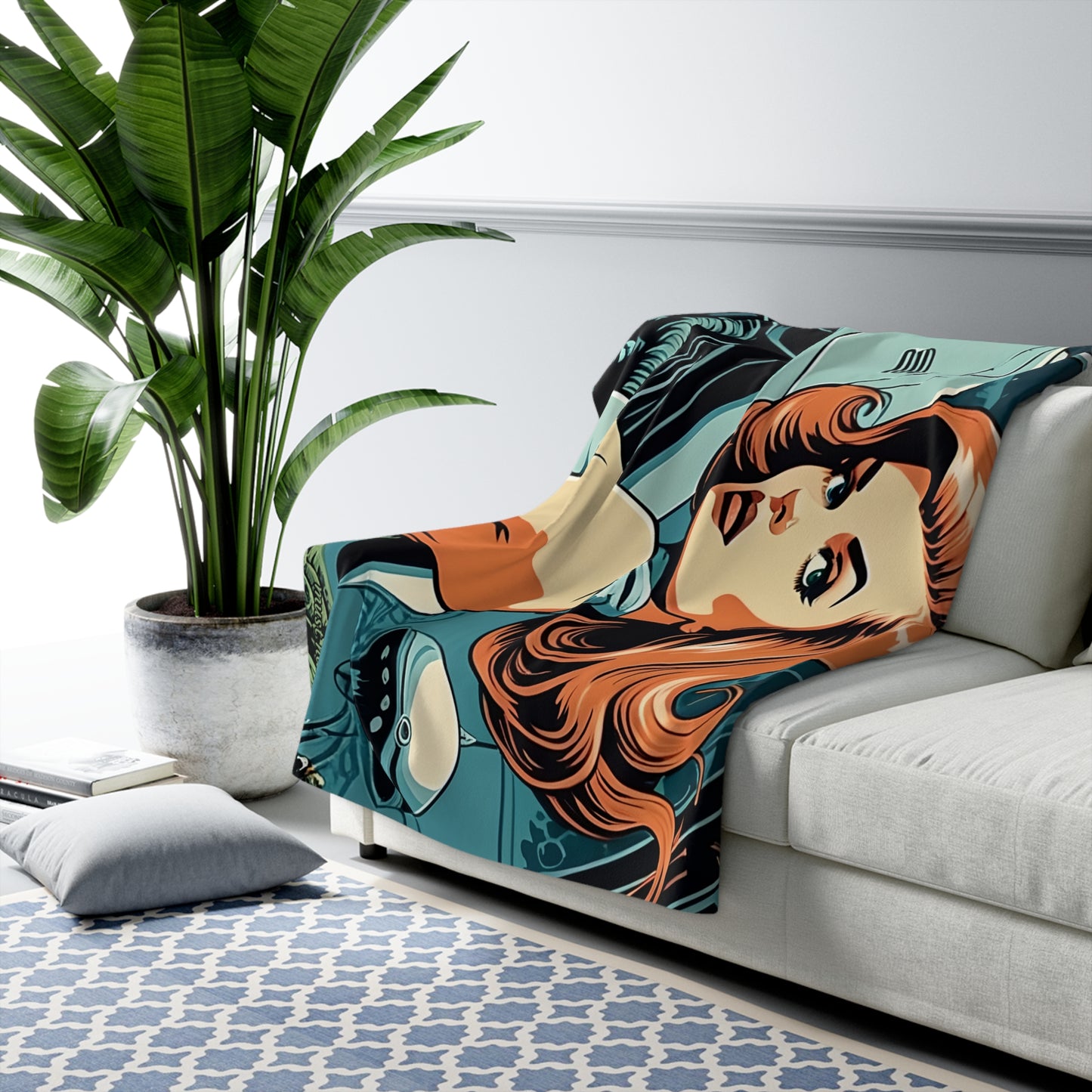 Retro Sci‑Fi Pinup Sherpa Blanket
