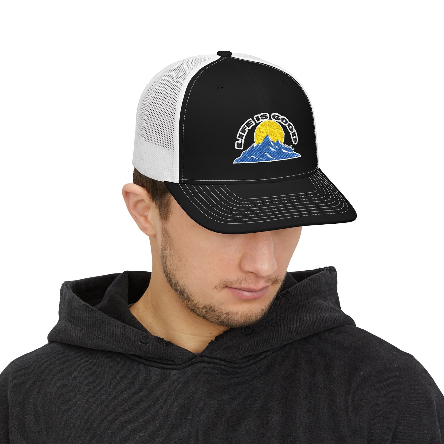 Life Is Good - Snapback Trucker Cap | Black White Front Side