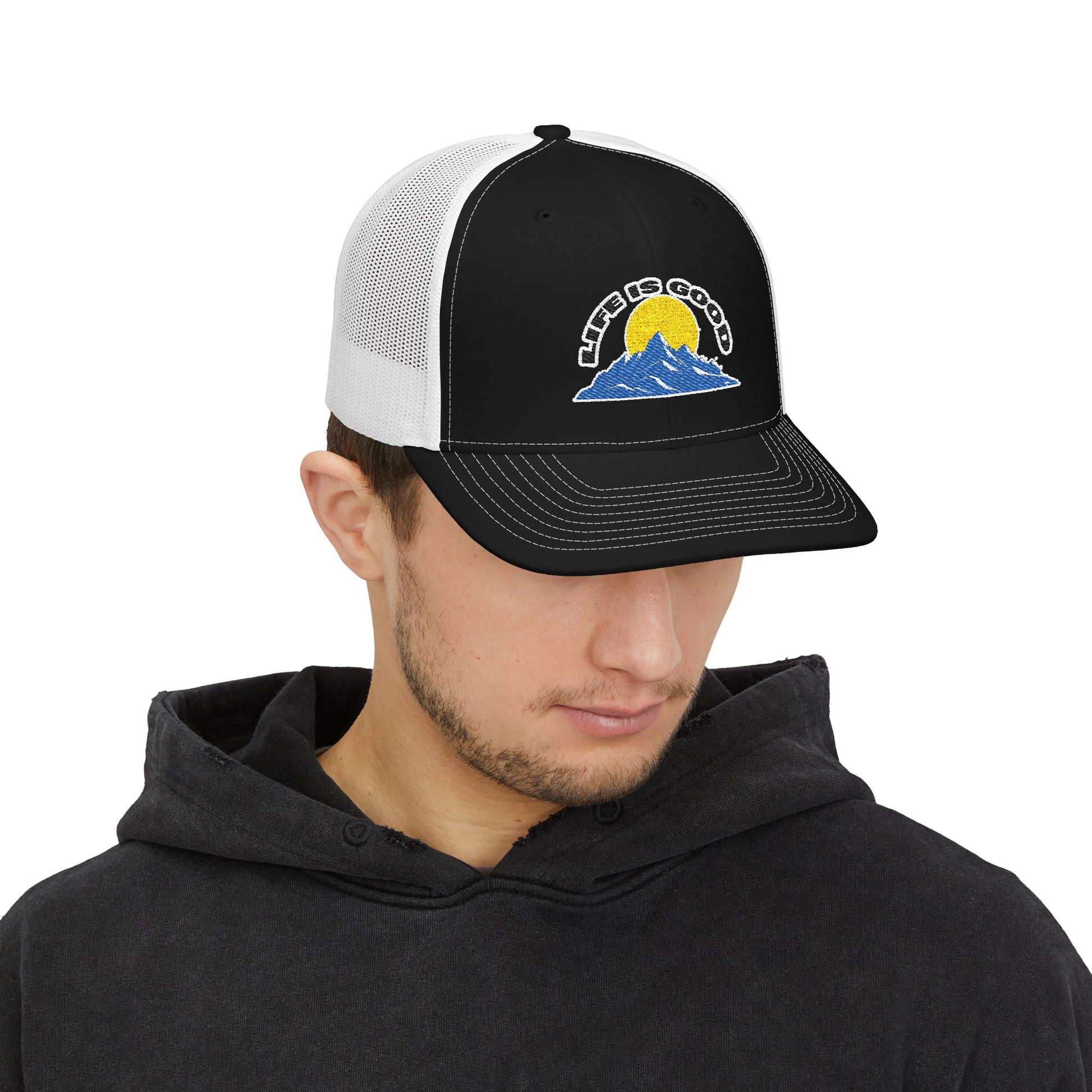 Life Is Good - Snapback Trucker Cap | Black White Front Side