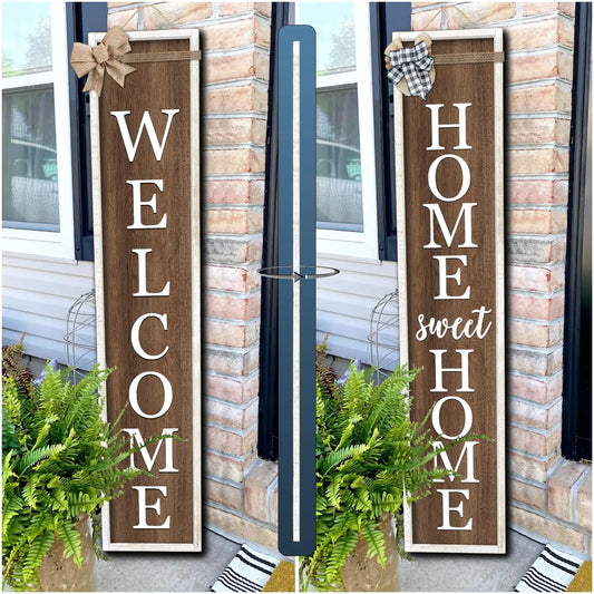 Outdoor Welcome Sign for Front Porch Standing Large 2 Sided 45"X9" Wooden Frame Tall Vertical Leaner Long Home Sweet Home Front Door Sign for Rustic Outside Farmhouse Modern Decor (White Wood)